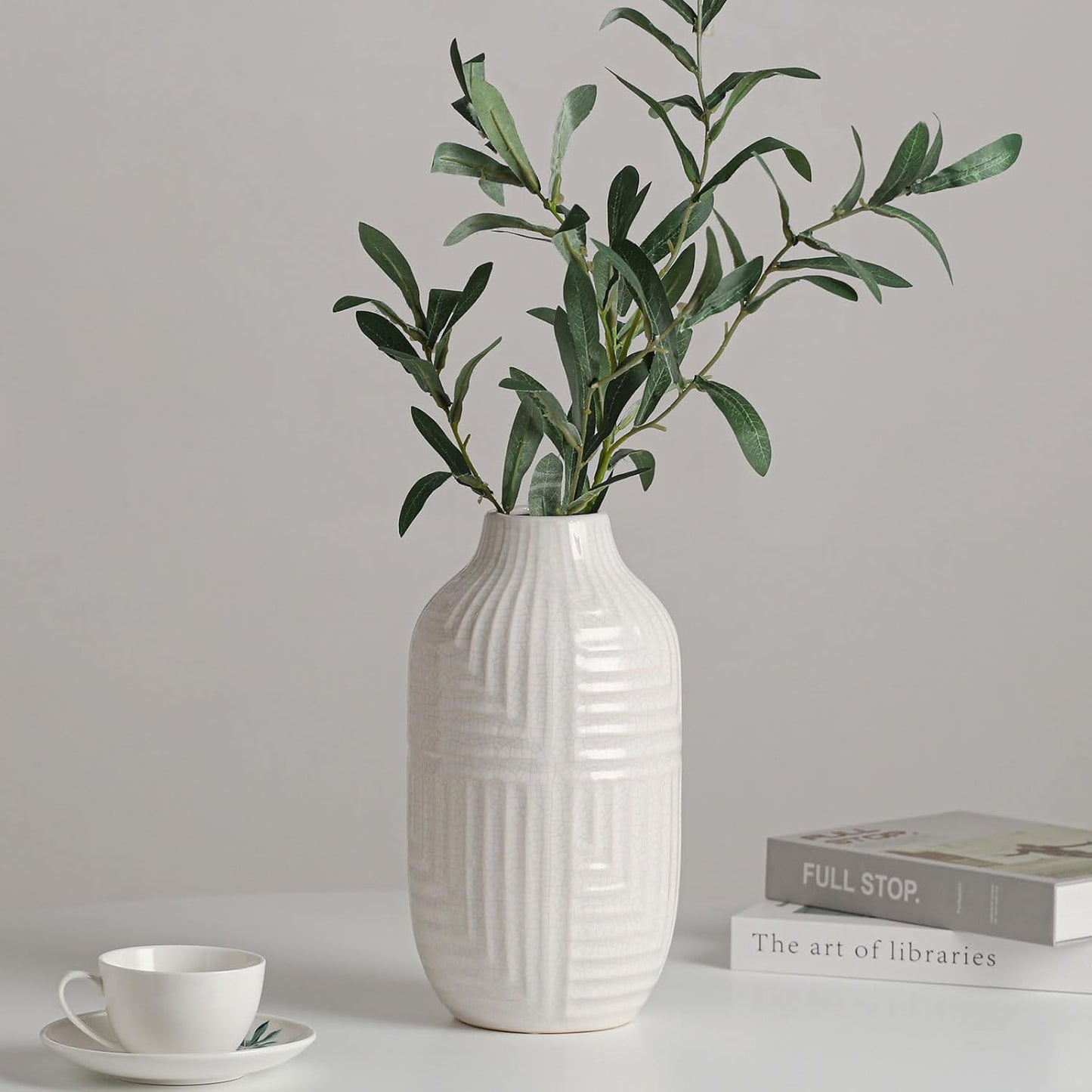 White Ceramic Vase for Home Decor - Modern Vases for Living Room/Bookshelf/Mantel - 10.6" H