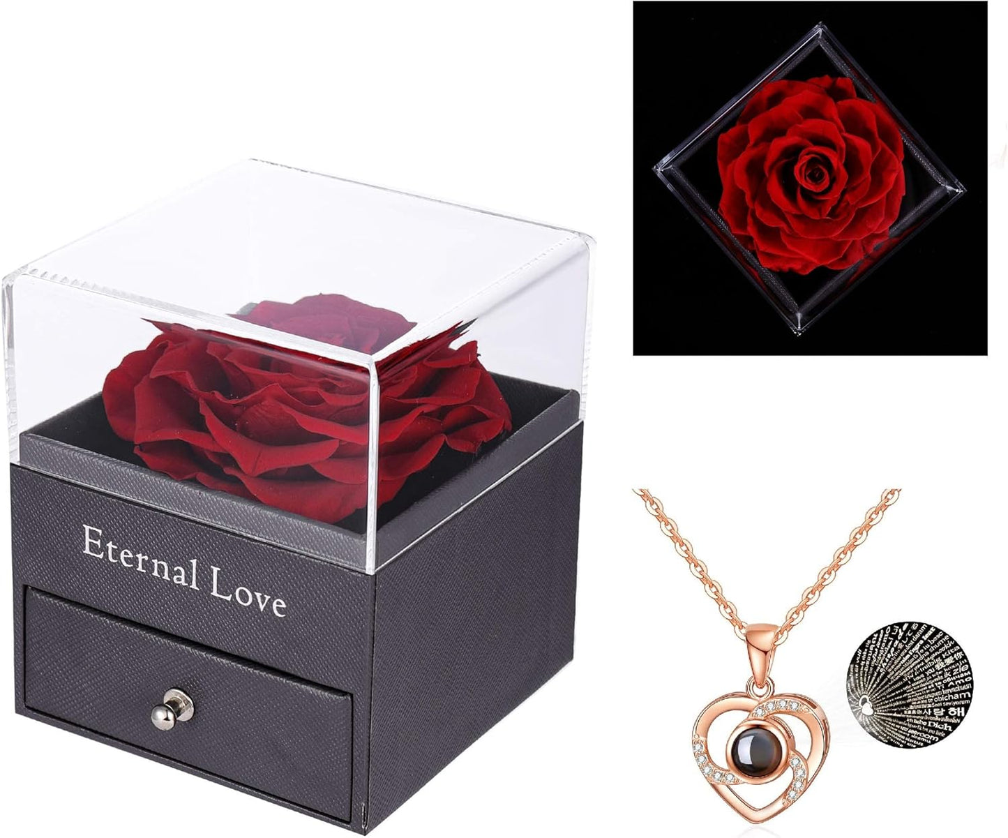 Real Preserved Red Rose – Eternal Rose Gift Box with Necklace | Handmade Fresh Rose Gift for Her on Birthday, Christmas, Mother’s Day, Valentine’s Day