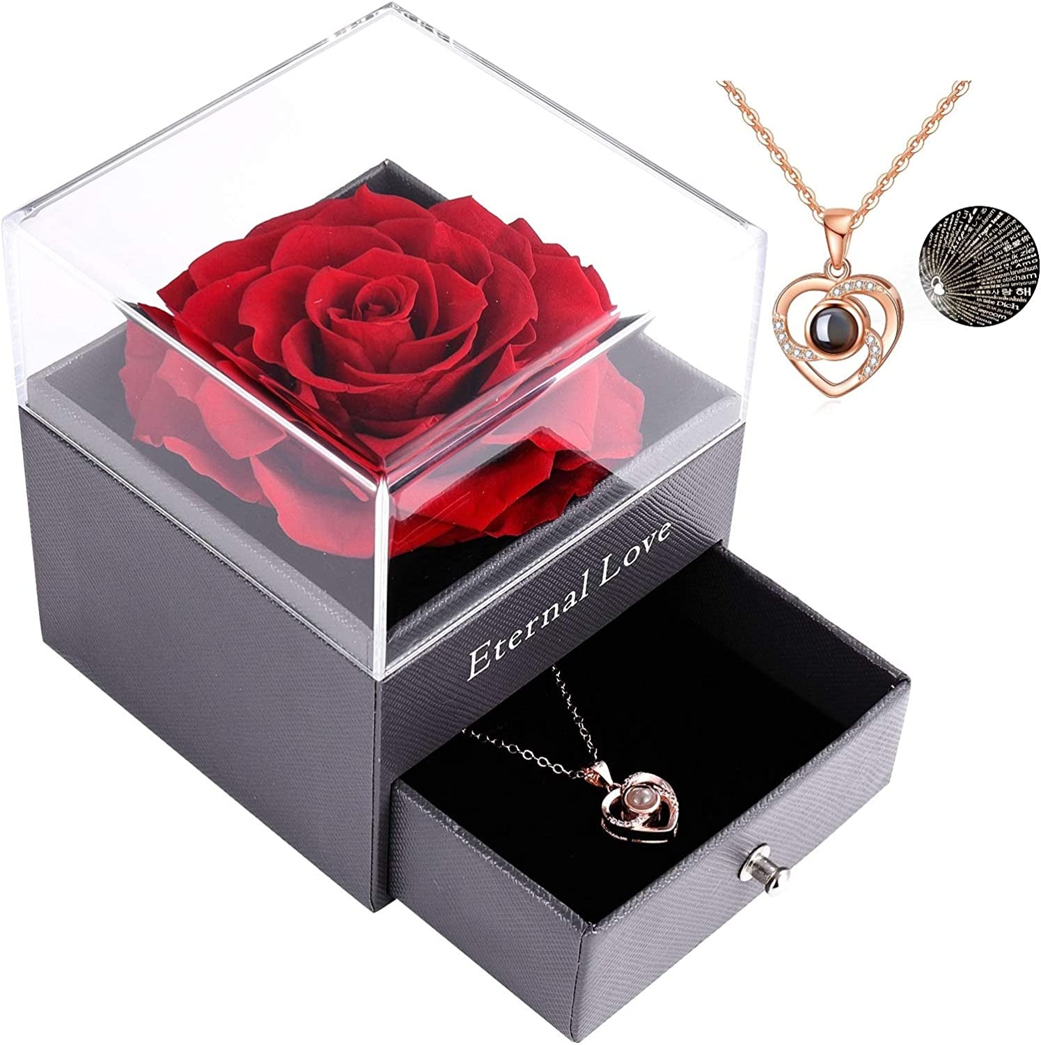 Real Preserved Red Rose – Eternal Rose Gift Box with Necklace | Handmade Fresh Rose Gift for Her on Birthday, Christmas, Mother’s Day, Valentine’s Day