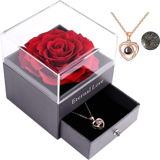 Real Preserved Red Rose – Eternal Rose Gift Box with Necklace | Handmade Fresh Rose Gift for Her on Birthday, Christmas, Mother’s Day, Valentine’s Day