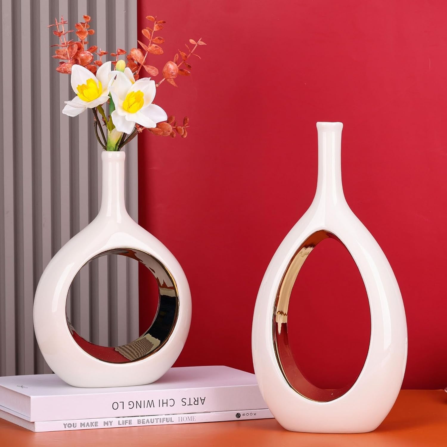 White and Gold Vase Ceramic White Vases Home Decor,Modern Minimalist Circle with Hole Decorative Vase, Hollow Ellipse Flower Vases for Bookshelf, Fireplace Mantle, Centerpieces,Farmhouse,Rustic Décor