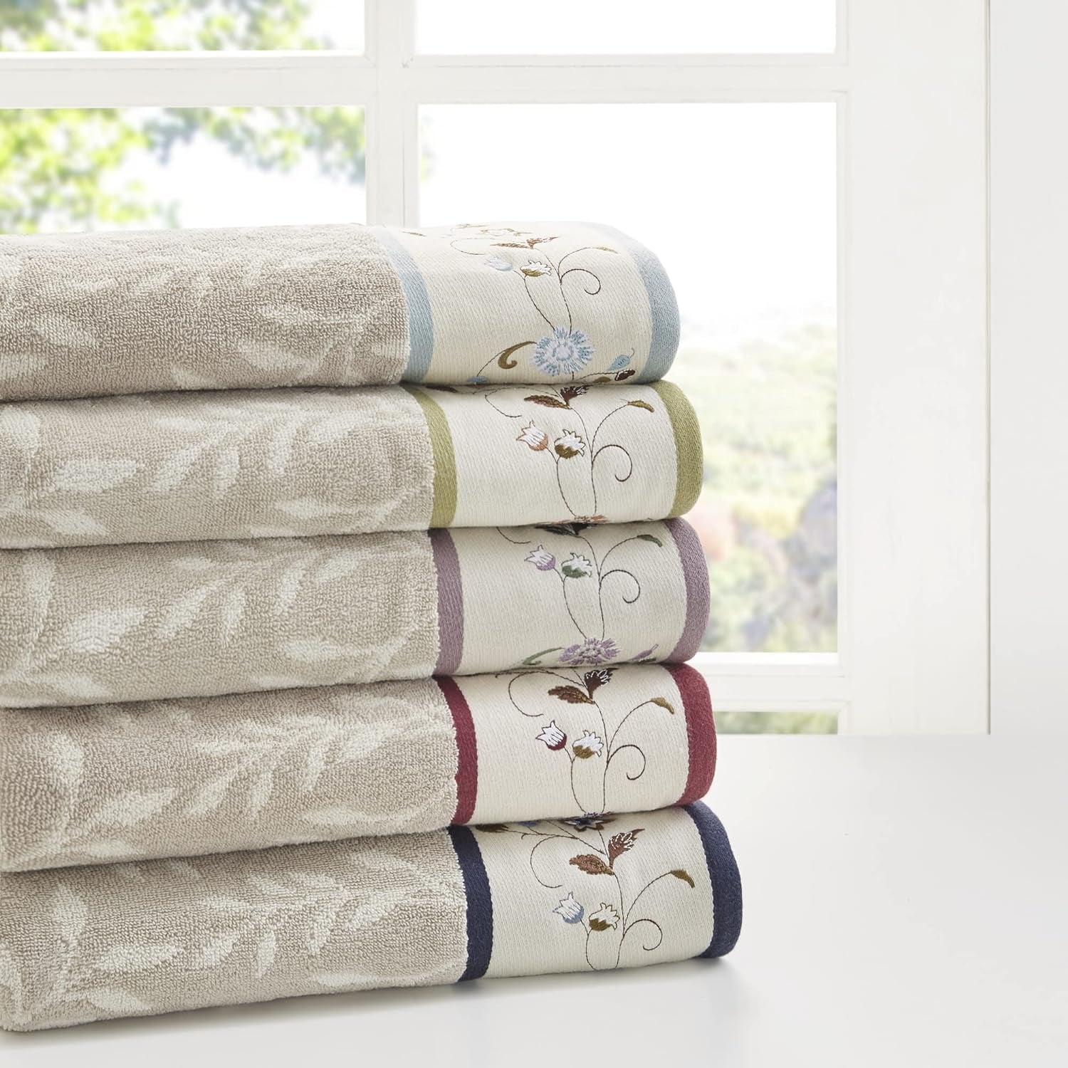 Premium 6-Piece Serene 100% Cotton Bath Towel Set – Luxurious Floral Embroidered Towels | Soft, Highly Absorbent 600 GSM Bathroom Towels, Multi-Sizes, Blue