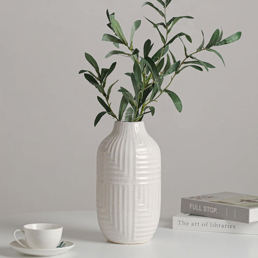 White Ceramic Vase for Home Decor - Modern Vases for Living Room/Bookshelf/Mantel - 10.6" H