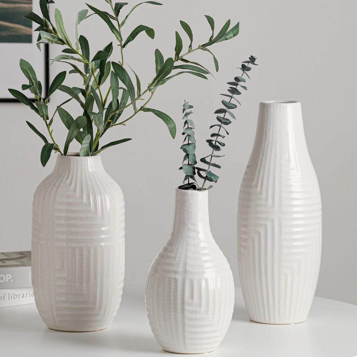 White Ceramic Vase for Home Decor - Modern Vases for Living Room/Bookshelf/Mantel - 10.6" H