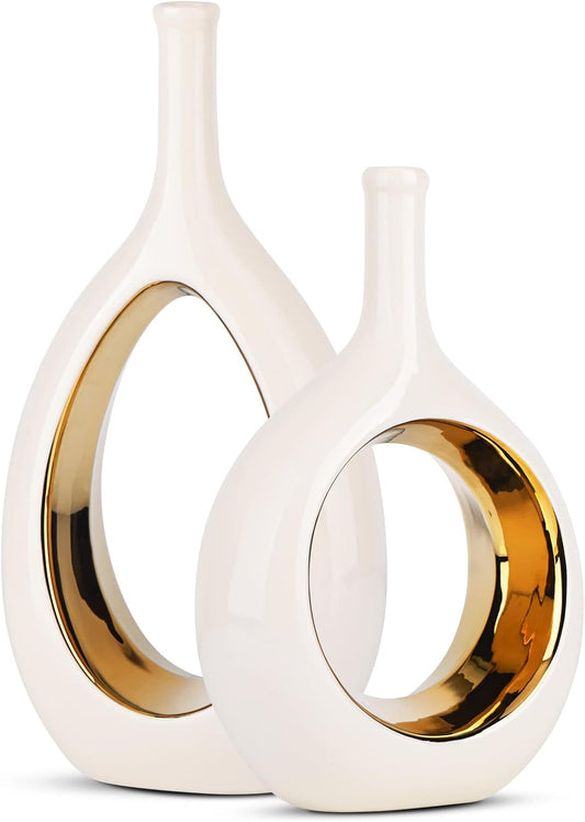 White and Gold Vase Ceramic White Vases Home Decor,Modern Minimalist Circle with Hole Decorative Vase, Hollow Ellipse Flower Vases for Bookshelf, Fireplace Mantle, Centerpieces,Farmhouse,Rustic Décor