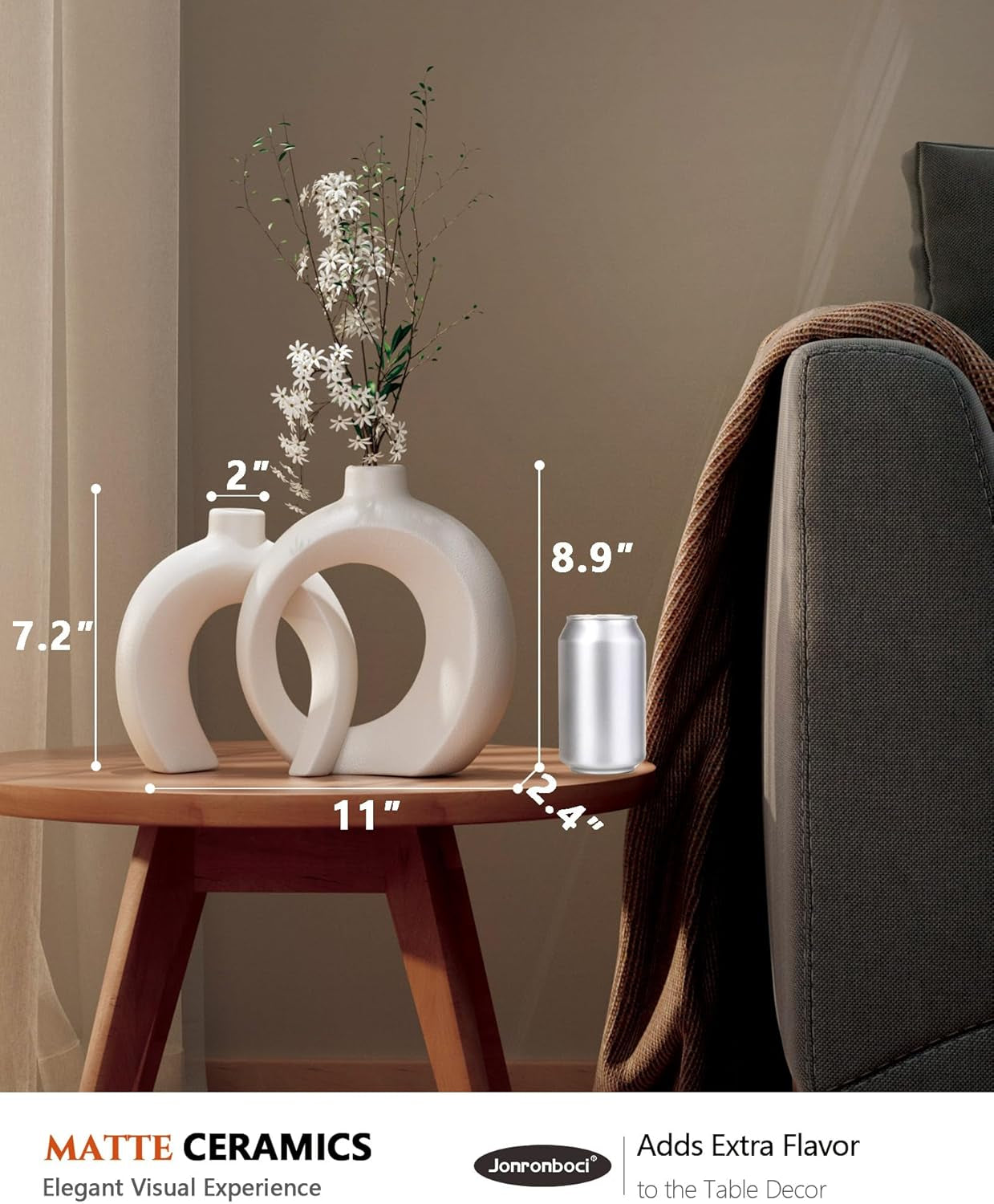 7.2″Hx8.9″H Donut Shape Decorative Vase Set of 2, Ceramic, Modern Minimalism Styles, Flowers or Plant Table Vases for Home Decor Living Room Shelf Entry Console Mantle Dining Centerpiece (Matte White)