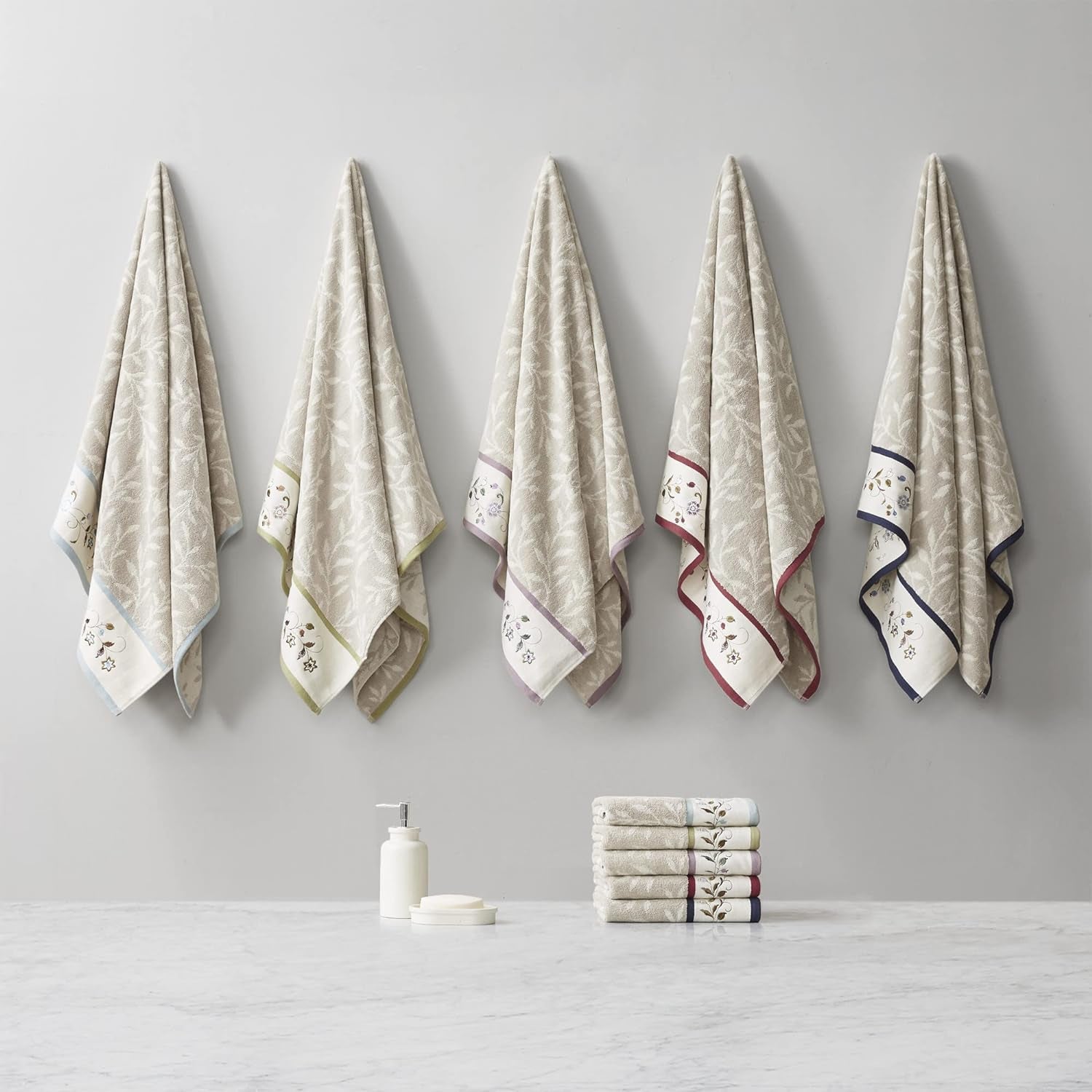 Premium 6-Piece Serene 100% Cotton Bath Towel Set – Luxurious Floral Embroidered Towels | Soft, Highly Absorbent 600 GSM Bathroom Towels, Multi-Sizes, Blue