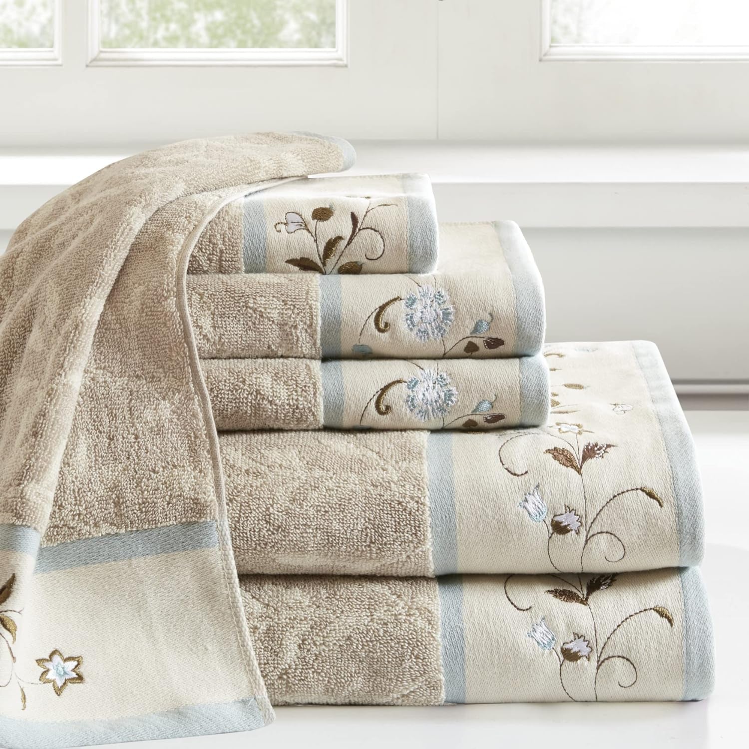 Premium 6-Piece Serene 100% Cotton Bath Towel Set – Luxurious Floral Embroidered Towels | Soft, Highly Absorbent 600 GSM Bathroom Towels, Multi-Sizes, Blue