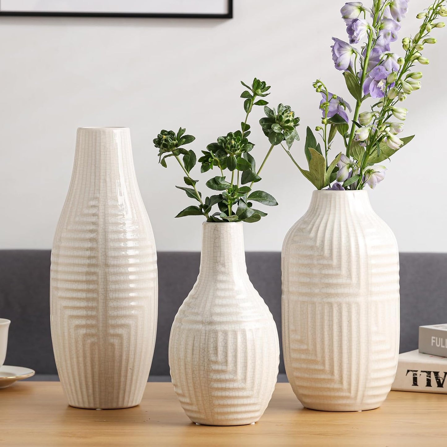 White Ceramic Vase for Home Decor - Modern Vases for Living Room/Bookshelf/Mantel - 10.6" H