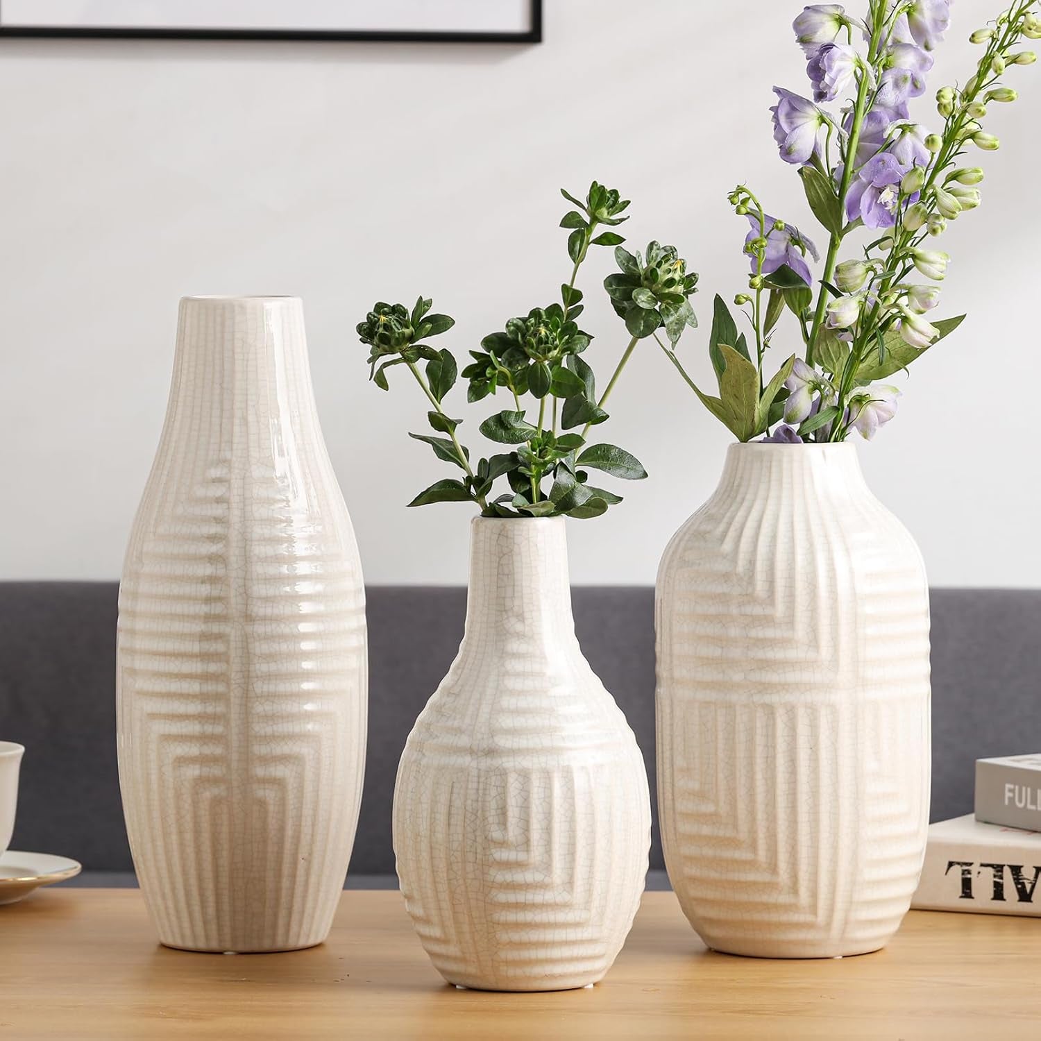 White Ceramic Vase for Home Decor - Modern Vases for Living Room/Bookshelf/Mantel - 10.6" H