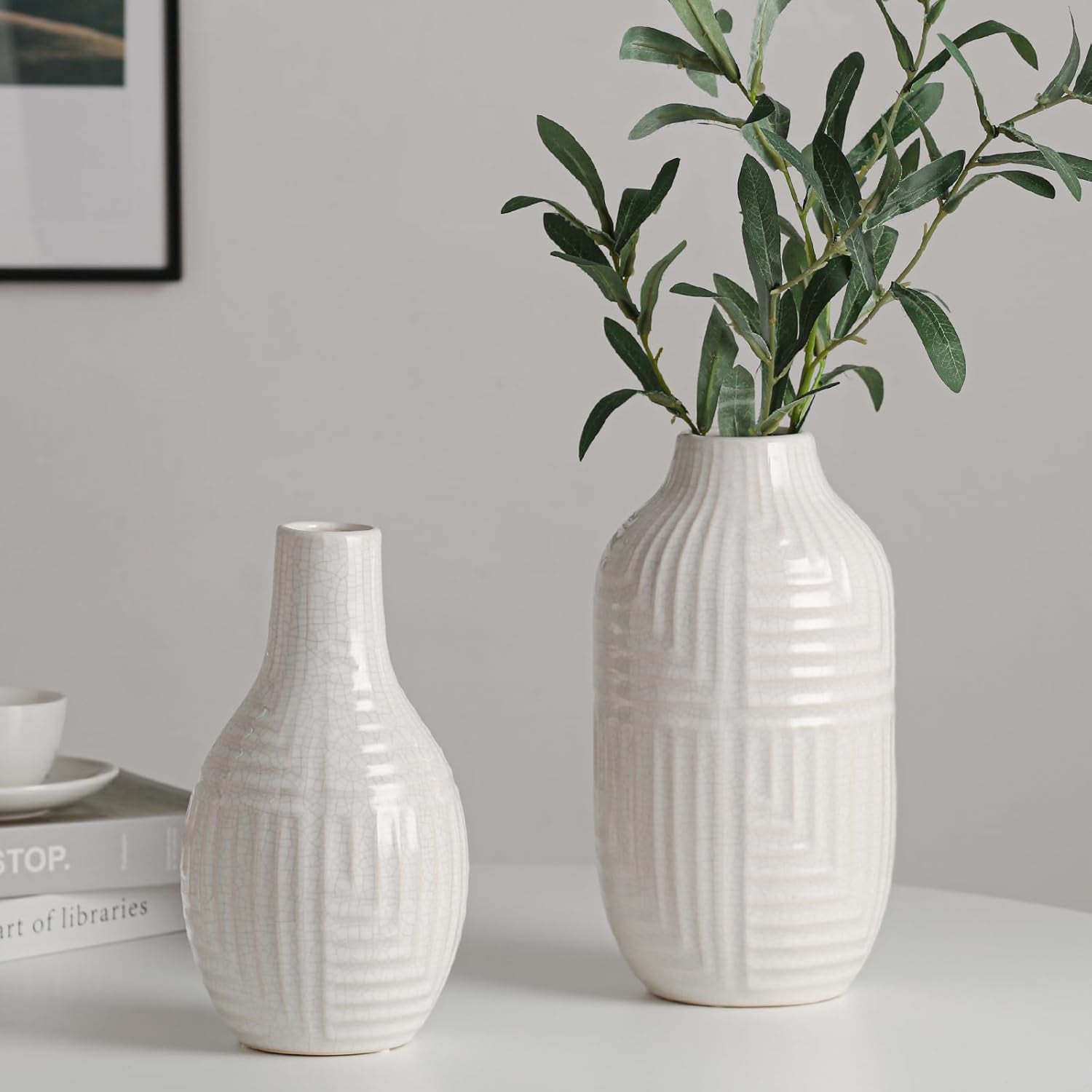 White Ceramic Vase for Home Decor - Modern Vases for Living Room/Bookshelf/Mantel - 10.6" H