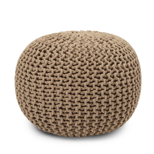 Round Pouf Ottoman – Hand-Knitted Boho Cable Knit Pouffe Footrest | 100% Cotton Home Décor for Living Room, Bedroom, Lounge (Beige, 19.5"x19.5"x14")