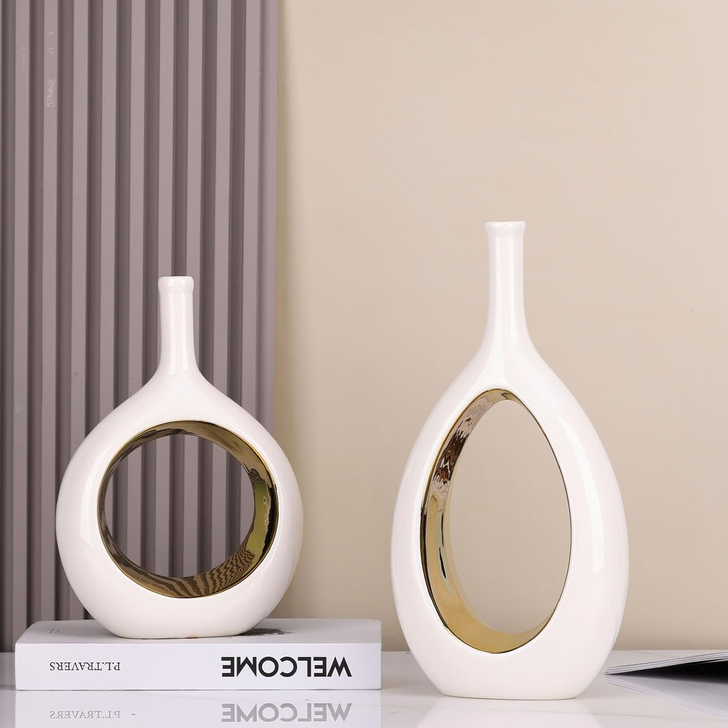 White and Gold Vase Ceramic White Vases Home Decor,Modern Minimalist Circle with Hole Decorative Vase, Hollow Ellipse Flower Vases for Bookshelf, Fireplace Mantle, Centerpieces,Farmhouse,Rustic Décor