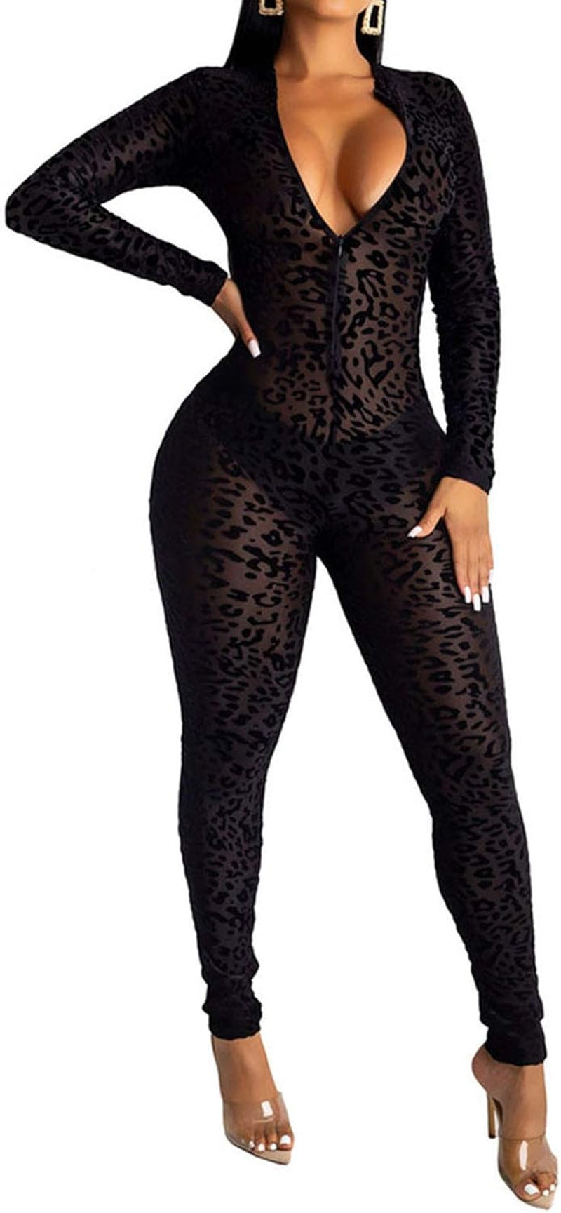 Stunning  Women's Sheer Mesh Leopard Bodycon Jumpsuit - Deep V Neck Clubwear Romper