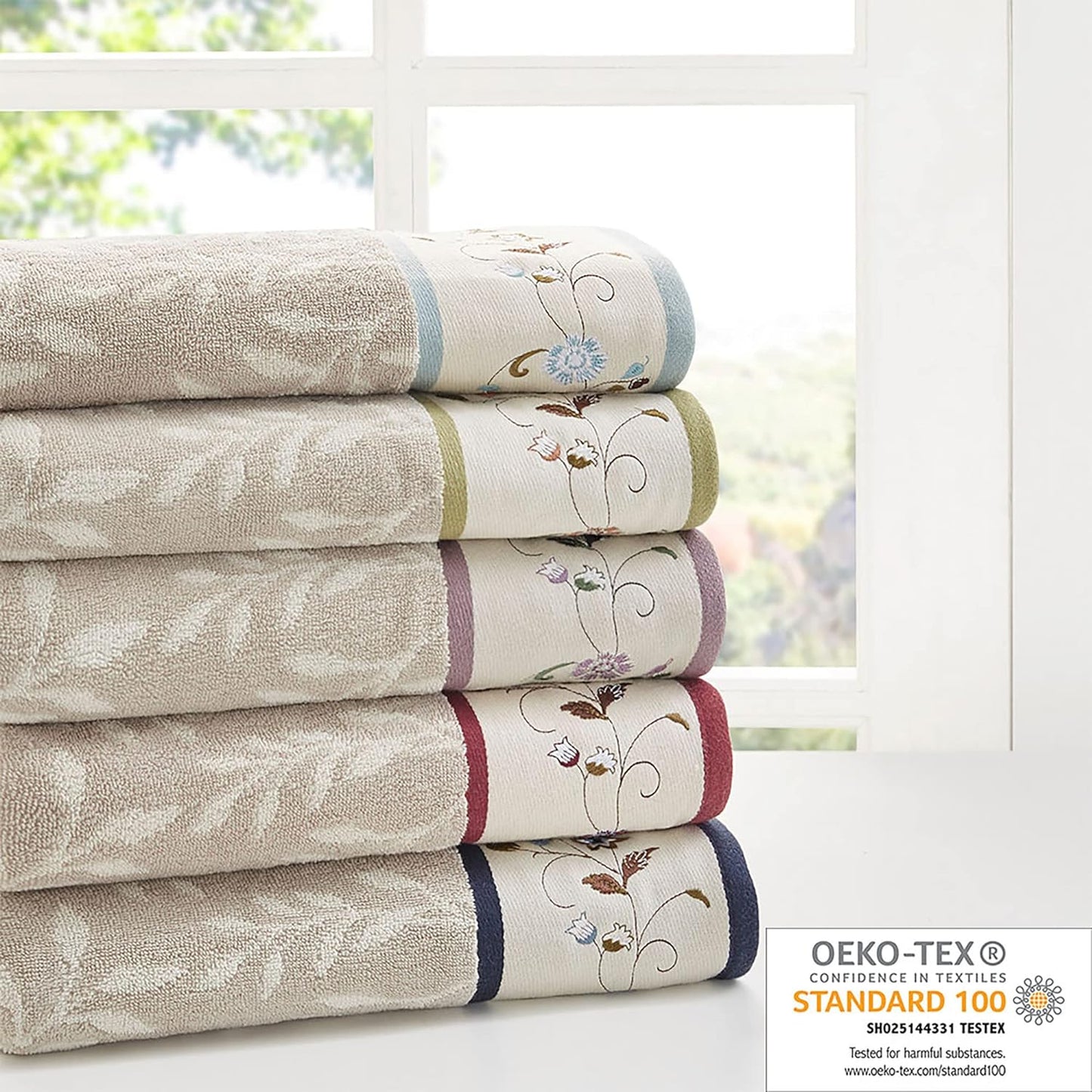 Premium 6-Piece Serene 100% Cotton Bath Towel Set – Luxurious Floral Embroidered Towels | Soft, Highly Absorbent 600 GSM Bathroom Towels, Multi-Sizes, Blue