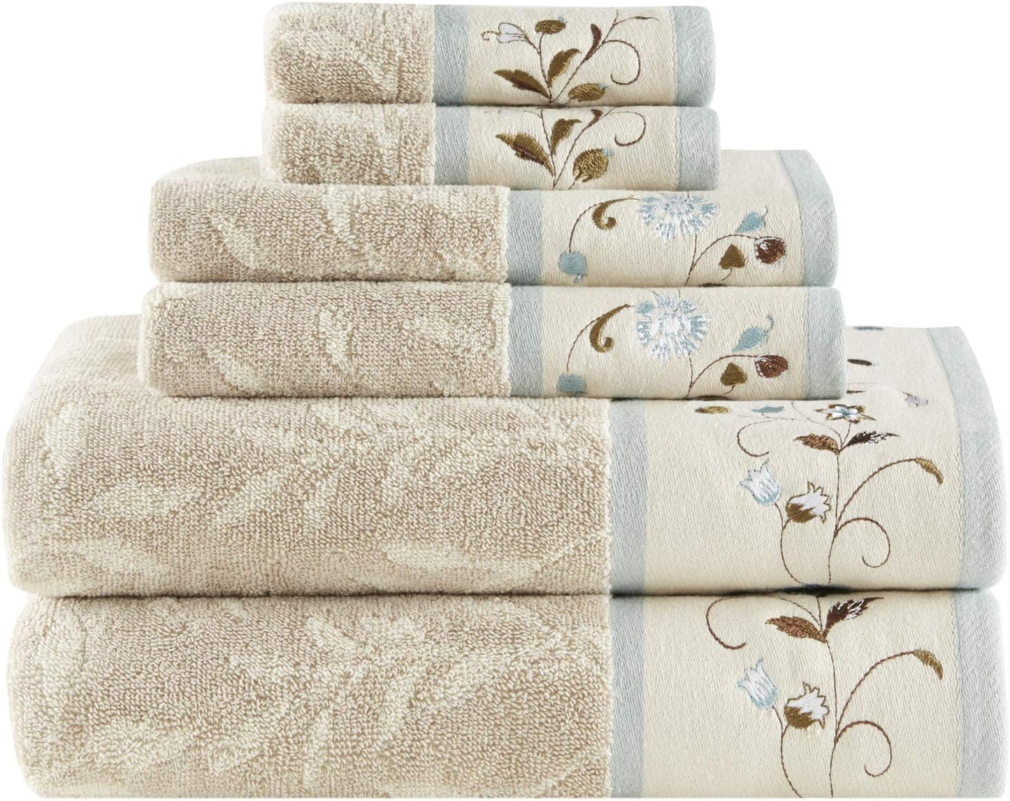 Premium 6-Piece Serene 100% Cotton Bath Towel Set – Luxurious Floral Embroidered Towels | Soft, Highly Absorbent 600 GSM Bathroom Towels, Multi-Sizes, Blue