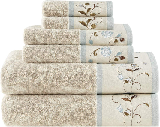 Premium 6-Piece Serene 100% Cotton Bath Towel Set – Luxurious Floral Embroidered Towels | Soft, Highly Absorbent 600 GSM Bathroom Towels, Multi-Sizes, Blue