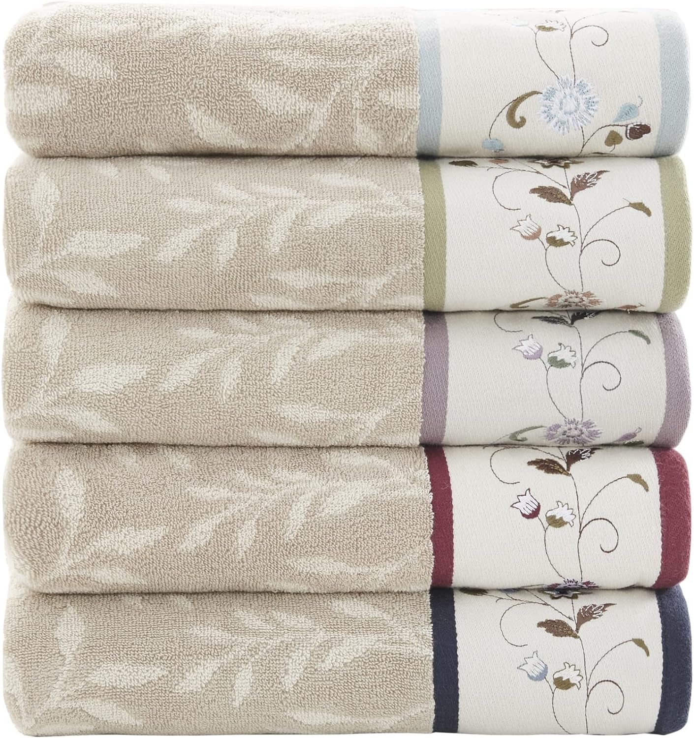 Premium 6-Piece Serene 100% Cotton Bath Towel Set – Luxurious Floral Embroidered Towels | Soft, Highly Absorbent 600 GSM Bathroom Towels, Multi-Sizes, Blue