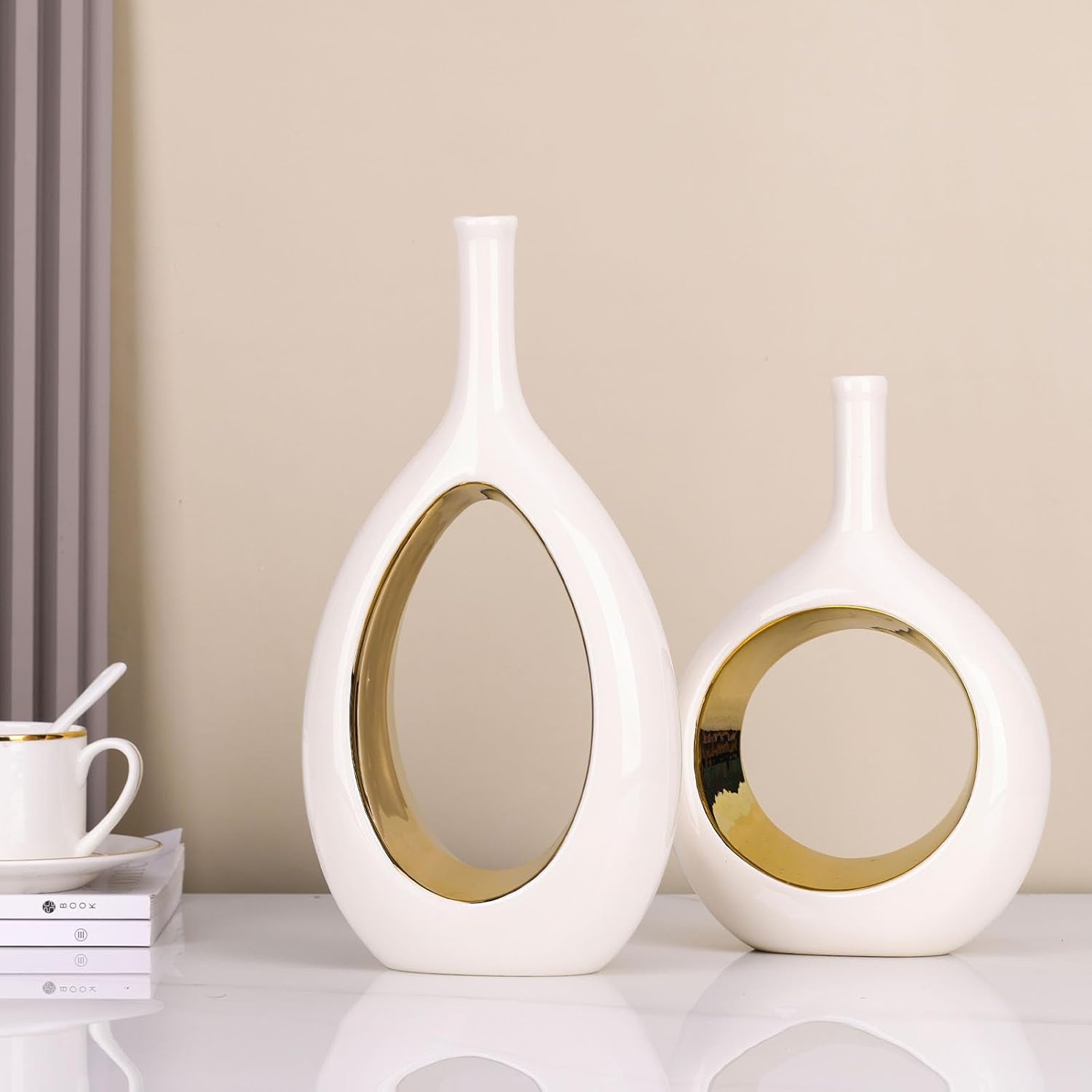 White and Gold Vase Ceramic White Vases Home Decor,Modern Minimalist Circle with Hole Decorative Vase, Hollow Ellipse Flower Vases for Bookshelf, Fireplace Mantle, Centerpieces,Farmhouse,Rustic Décor