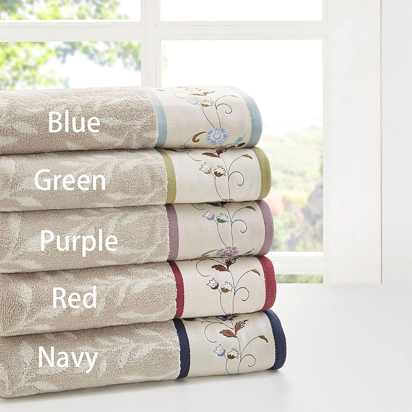 Premium 6-Piece Serene 100% Cotton Bath Towel Set – Luxurious Floral Embroidered Towels | Soft, Highly Absorbent 600 GSM Bathroom Towels, Multi-Sizes, Blue