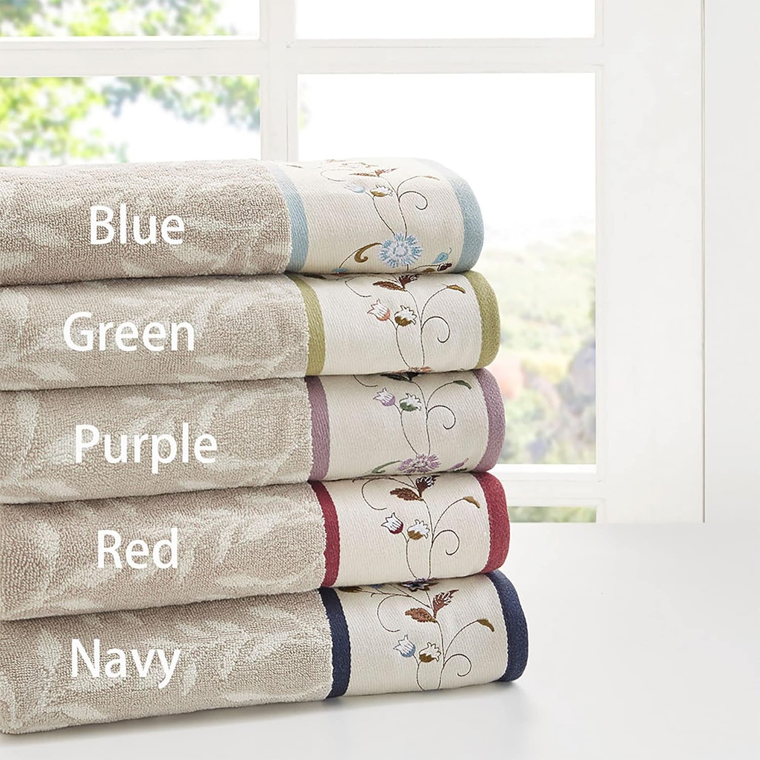 Premium 6-Piece Serene 100% Cotton Bath Towel Set – Luxurious Floral Embroidered Towels | Soft, Highly Absorbent 600 GSM Bathroom Towels, Multi-Sizes, Blue